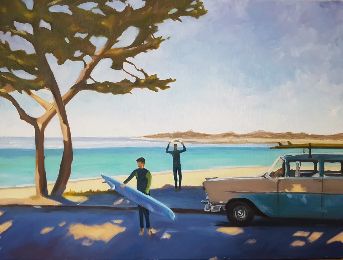 American Surfers from the 60s — oil on canvas, 80 × 60 cm