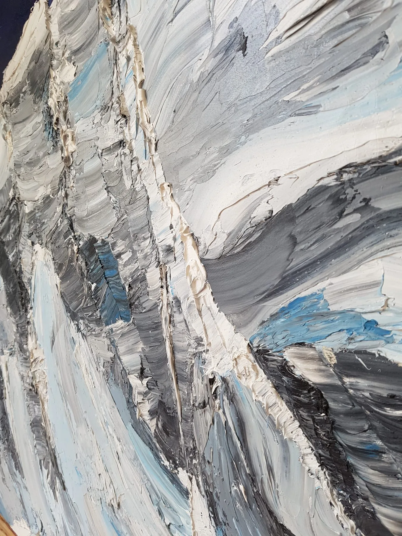Close-up of thick white and blue palette-knife strokes