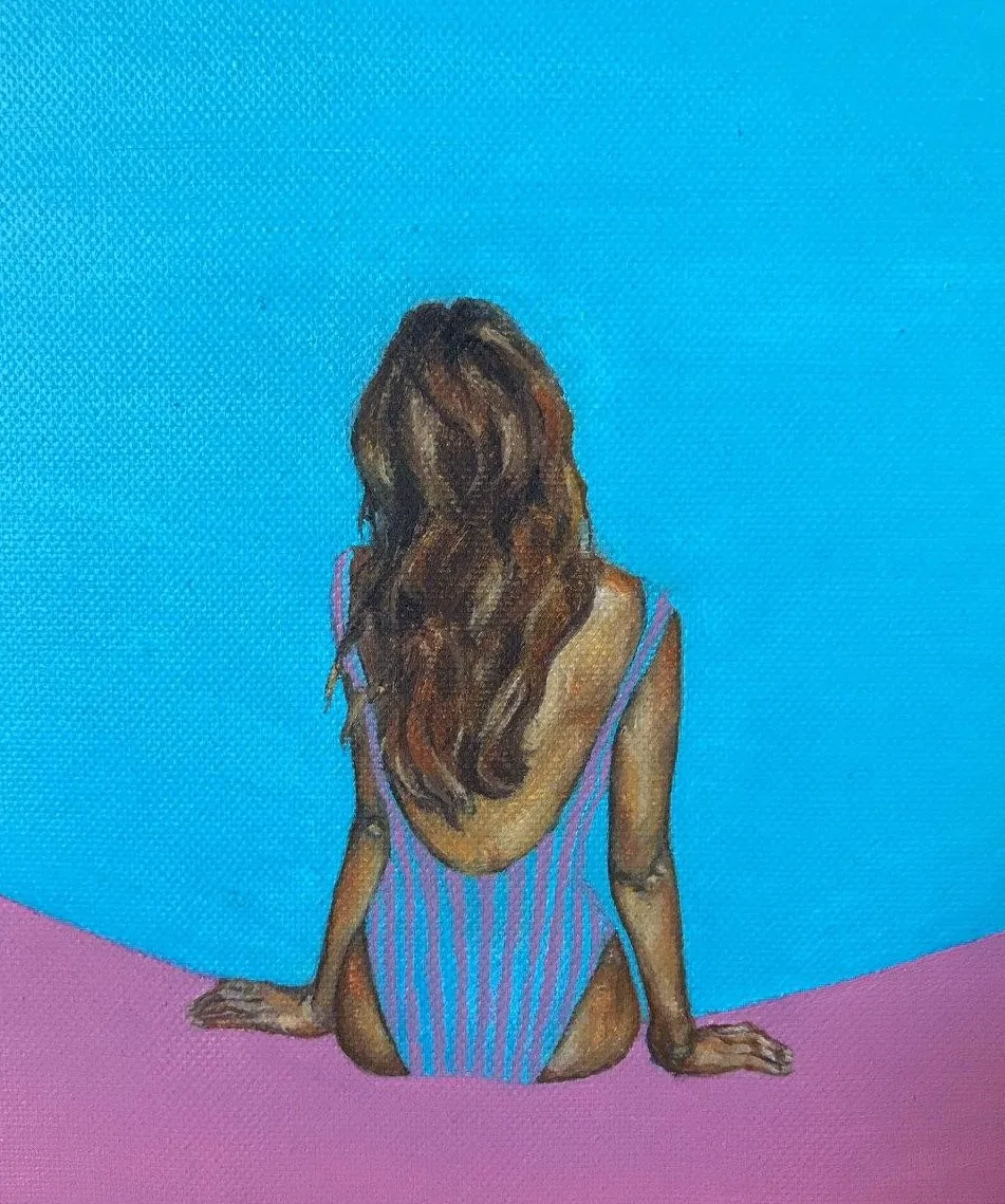 Girl by the Pool — oil on canvas, 20 × 25 cm