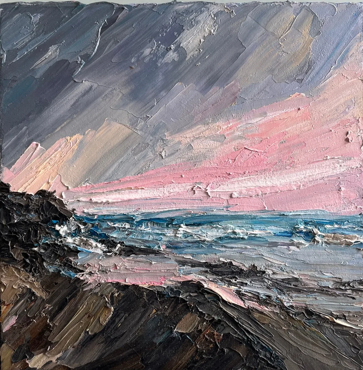 Sea Coast at Sunset — oil on canvas, palette knife, 20 × 20 cm