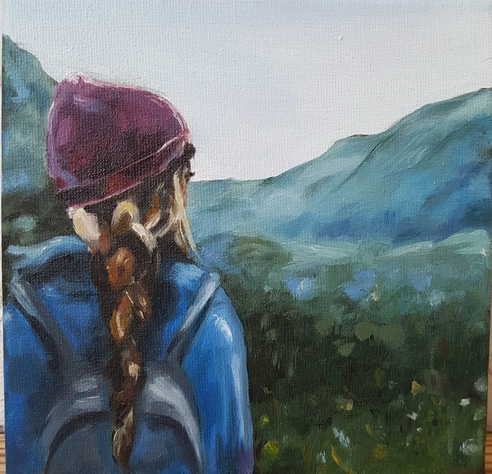 Traveler Girl — A girl with a braid looking at green mountains