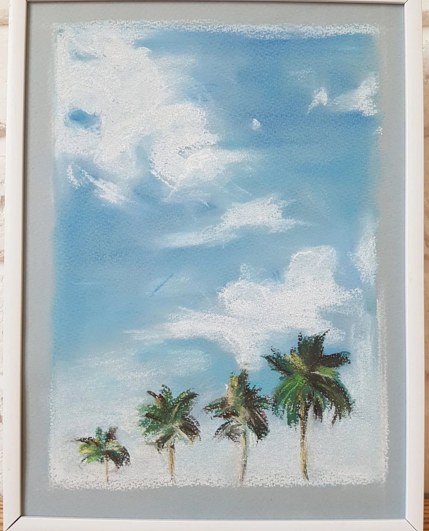 Vacation Vibe — Pastel palms under a cloudy blue sky