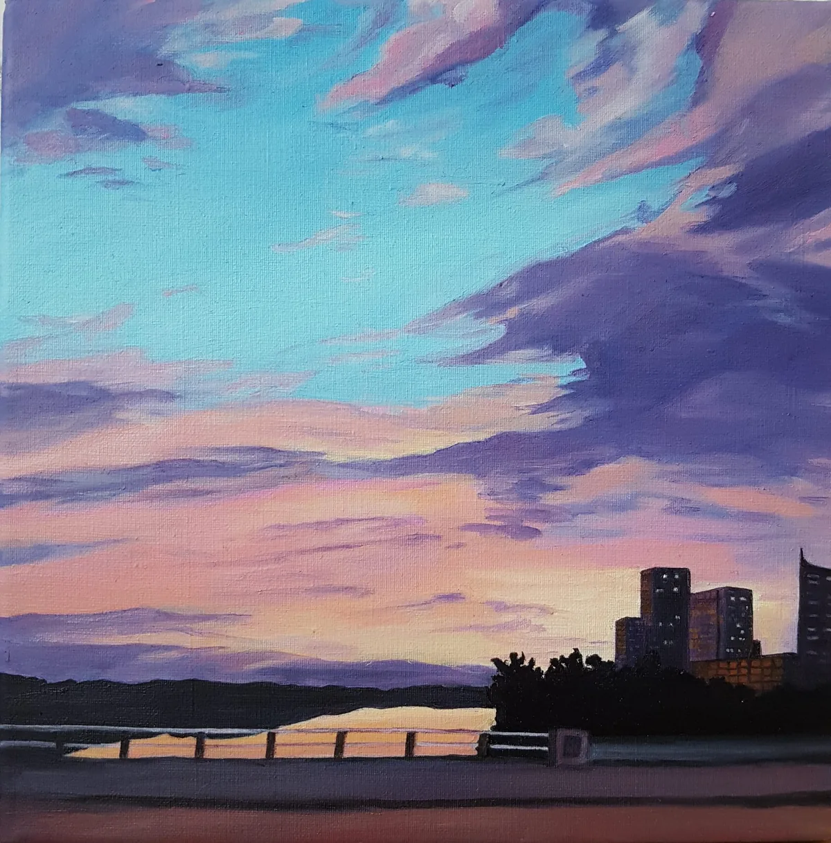 Sunset in the City — oil on canvas, 20 × 20 cm
